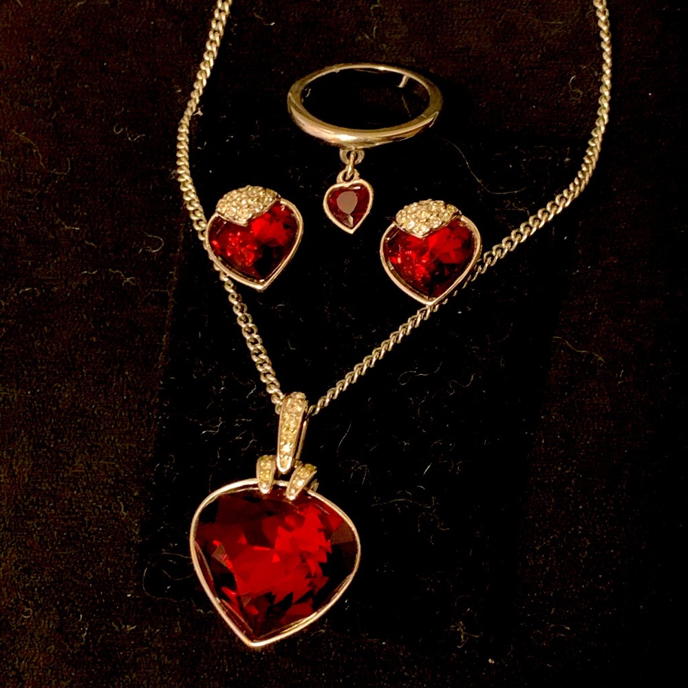 Oceanic Swarovski Red Ruby Crystal Heart Necklace, Earrings and Ring Set
